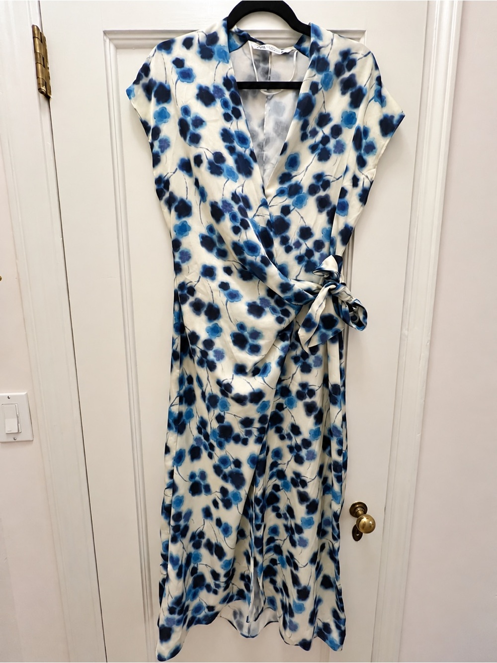 Zara Blue Floral Satin Effect Wrap Midi Dress Size M